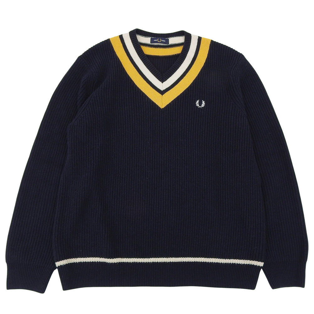 FRED PERRY フレッドペリー チルデンニット Vネック コットン ウール トップス メンズ ネイビー×イエロー L トップス