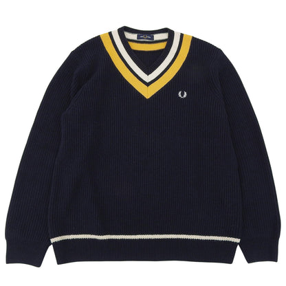 FRED PERRY フレッドペリー チルデンニット Vネック コットン ウール トップス メンズ ネイビー×イエロー L トップス