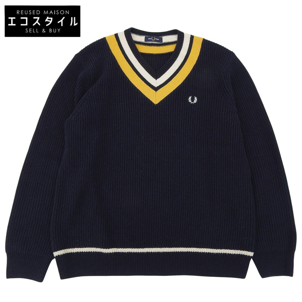 FRED PERRY フレッドペリー チルデンニット Vネック コットン ウール トップス メンズ ネイビー×イエロー L トップス