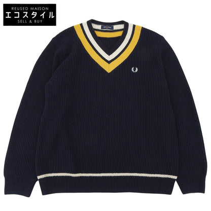 FRED PERRY フレッドペリー チルデンニット Vネック コットン ウール トップス メンズ ネイビー×イエロー L トップス