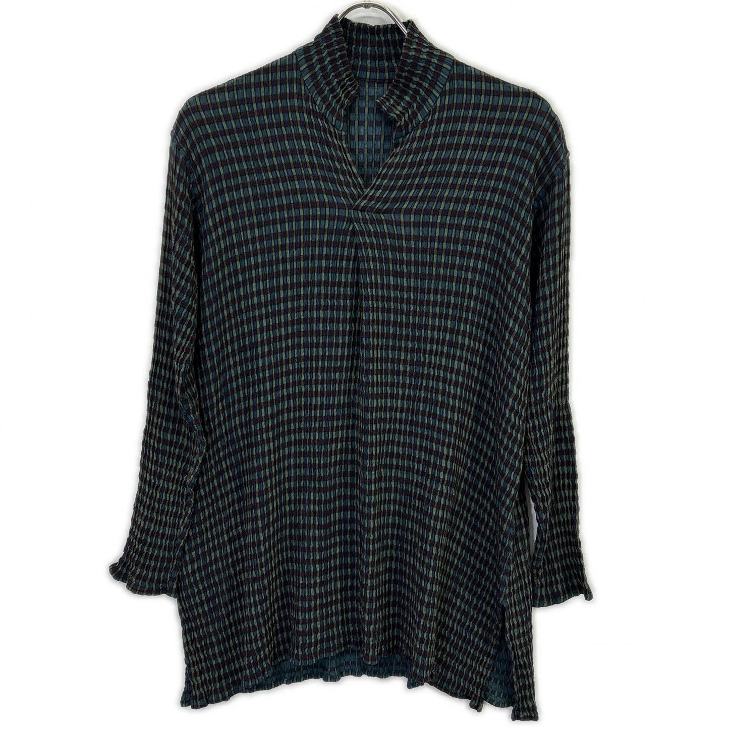JURGEN LEHL J0191FB262 Green Wool Silk Check Weave Skipper Blouse Tops