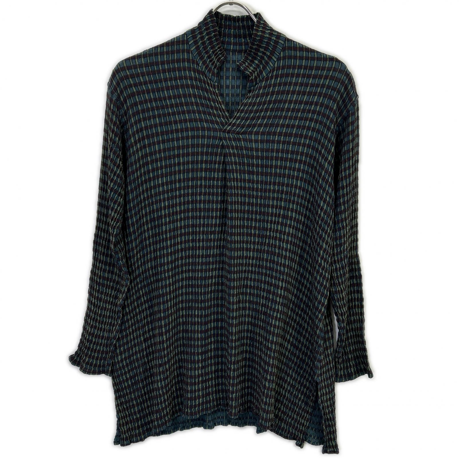 JURGEN LEHL J0191FB262 Green Wool Silk Check Weave Skipper Blouse Tops