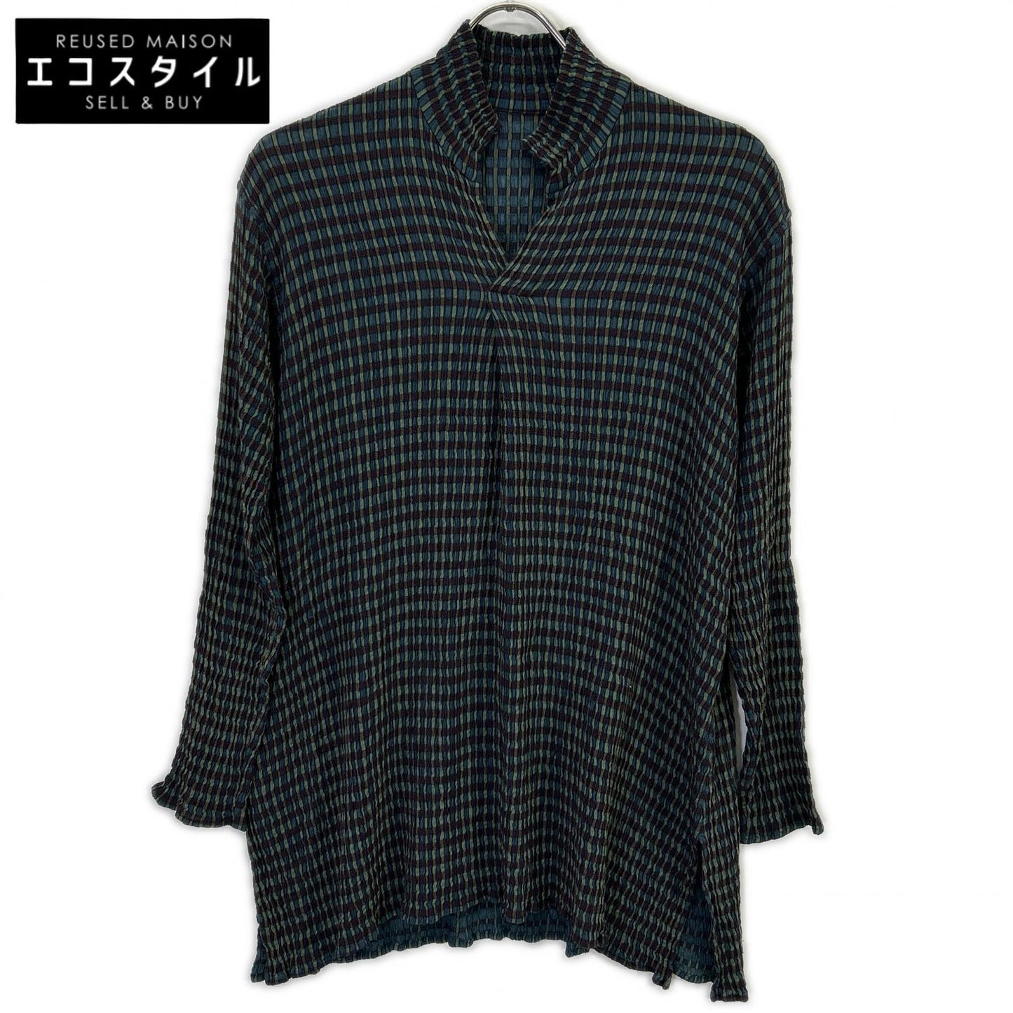 JURGEN LEHL J0191FB262 Green Wool Silk Check Weave Skipper Blouse Tops