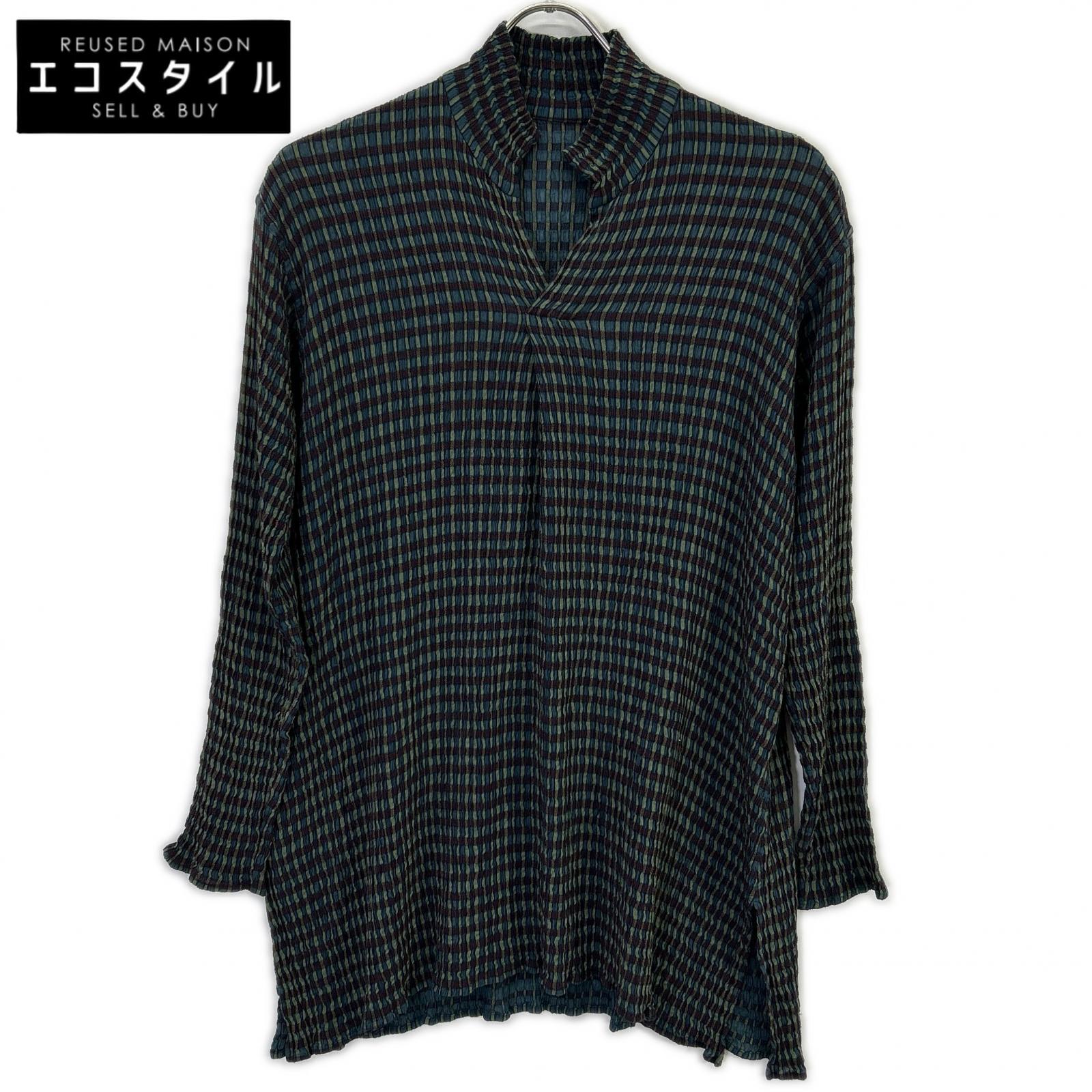 JURGEN LEHL J0191FB262 Green Wool Silk Check Weave Skipper Blouse Tops