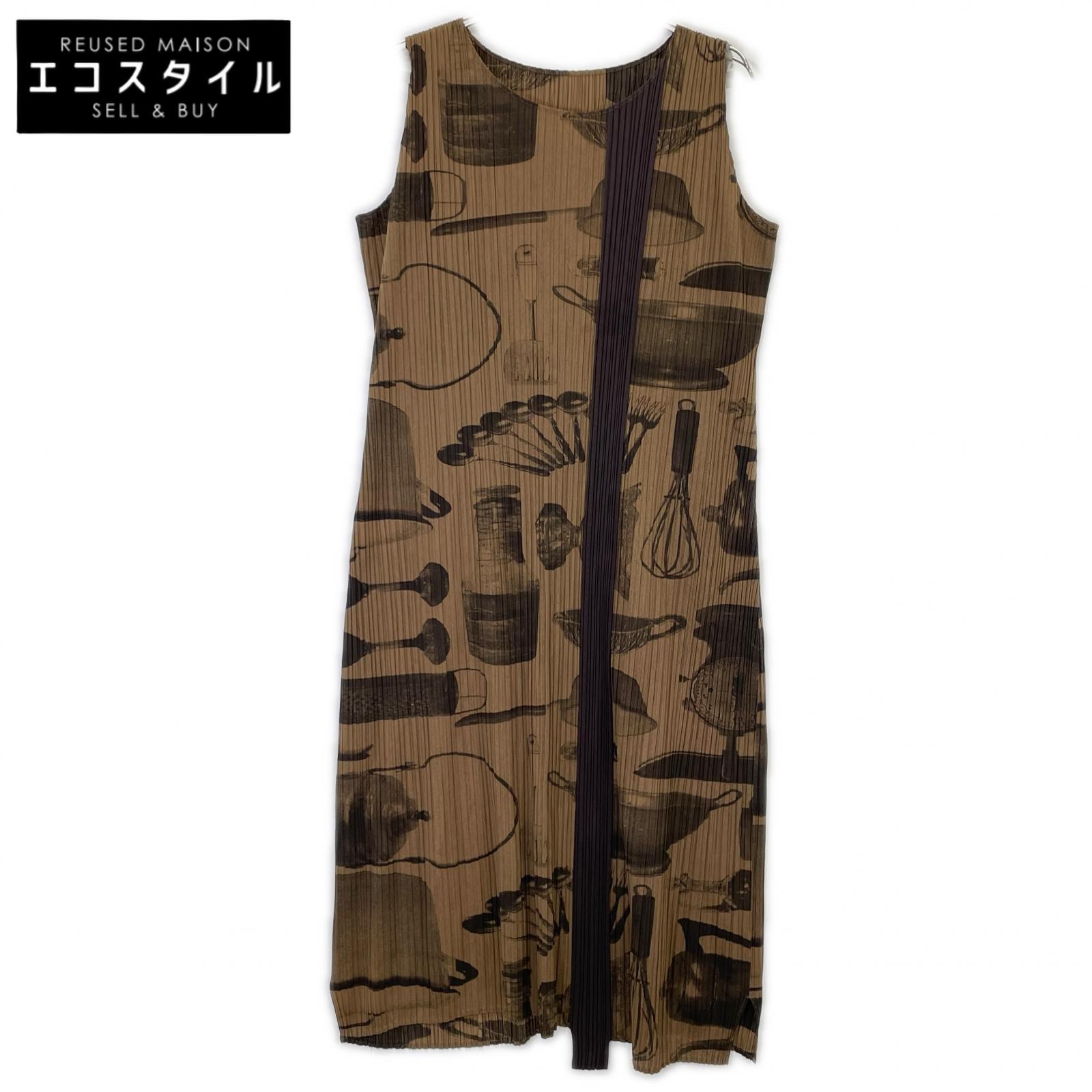 PLEATS PLEASE PP53-JH586 Khaki tableware pattern, cooking utensil pattern, pleated sleeveless dress, dress