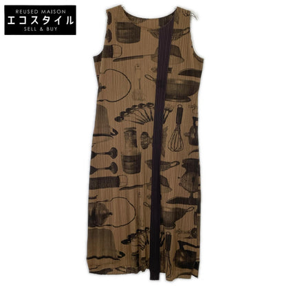 PLEATS PLEASE PP53-JH586 Khaki tableware pattern, cooking utensil pattern, pleated sleeveless dress, dress