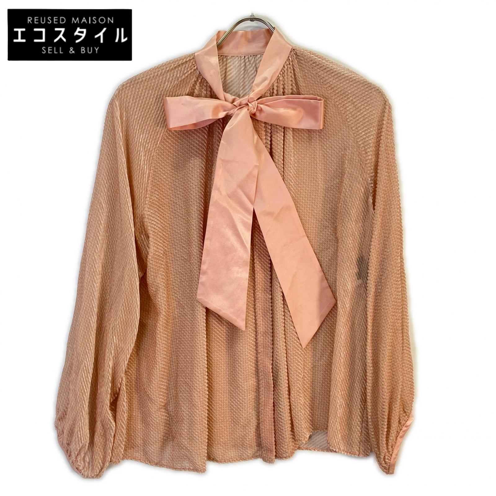 DRAWER 6521-299-0741 Pink Cotton Silk Velour Bow Tie Blouse Top