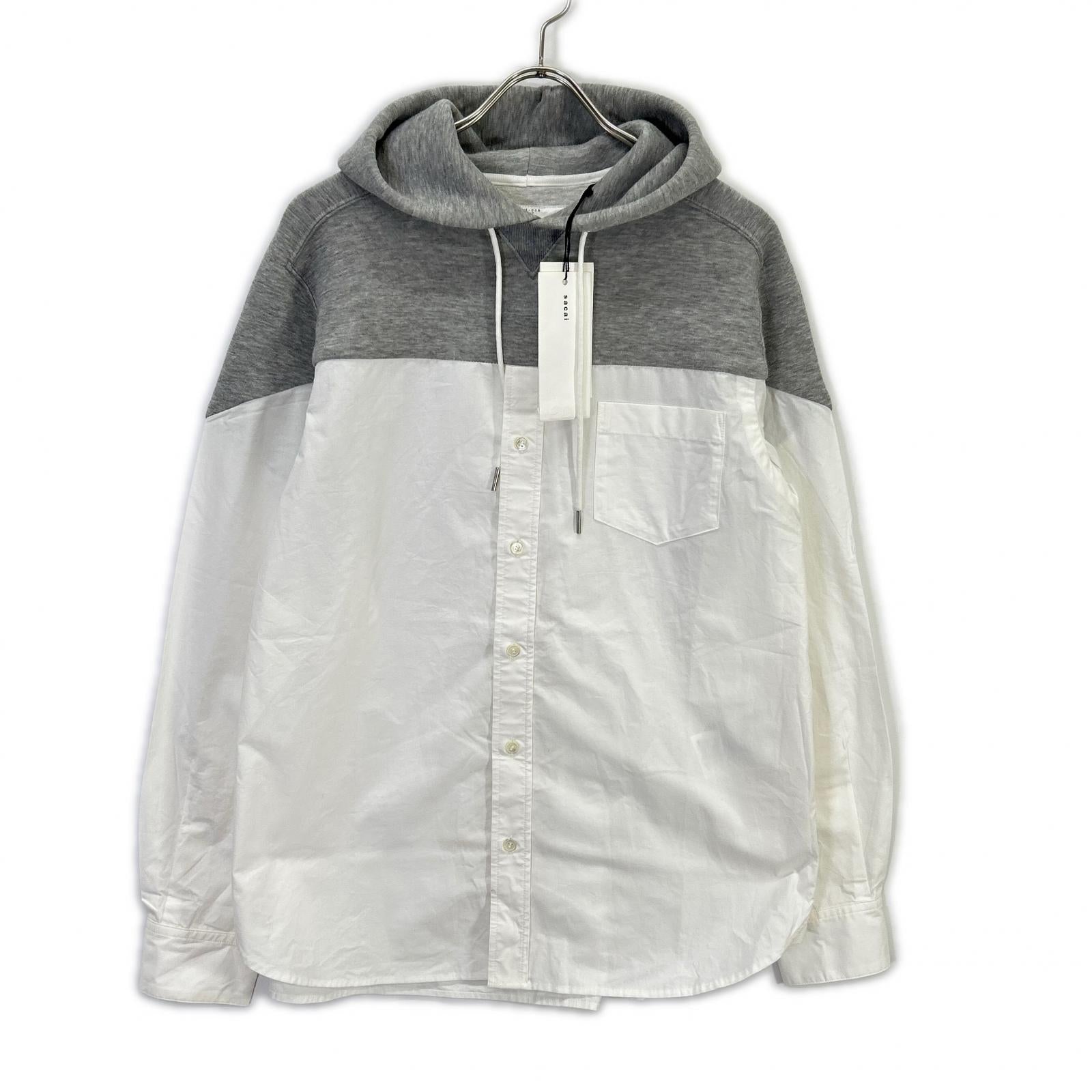sacai SCM-026 White x Gray Docking Shirt Hoodie Top
