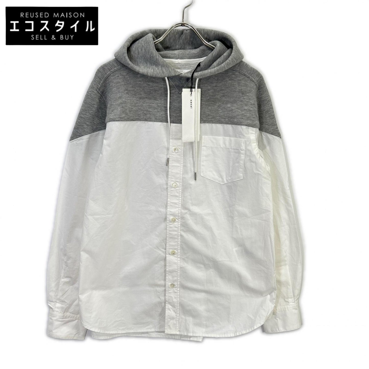 sacai SCM-026 White x Gray Docking Shirt Hoodie Top