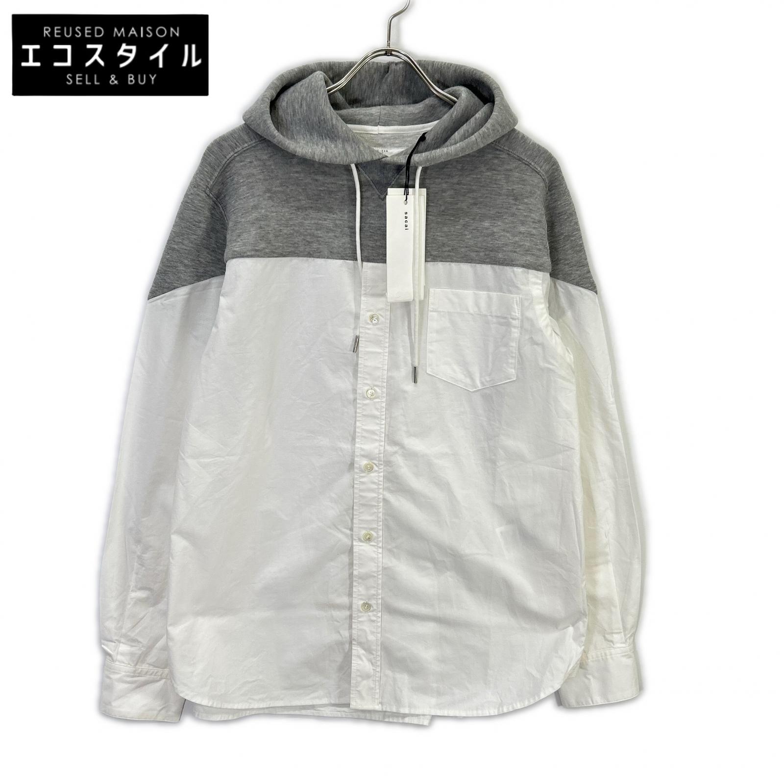 sacai SCM-026 White x Gray Docking Shirt Hoodie Top