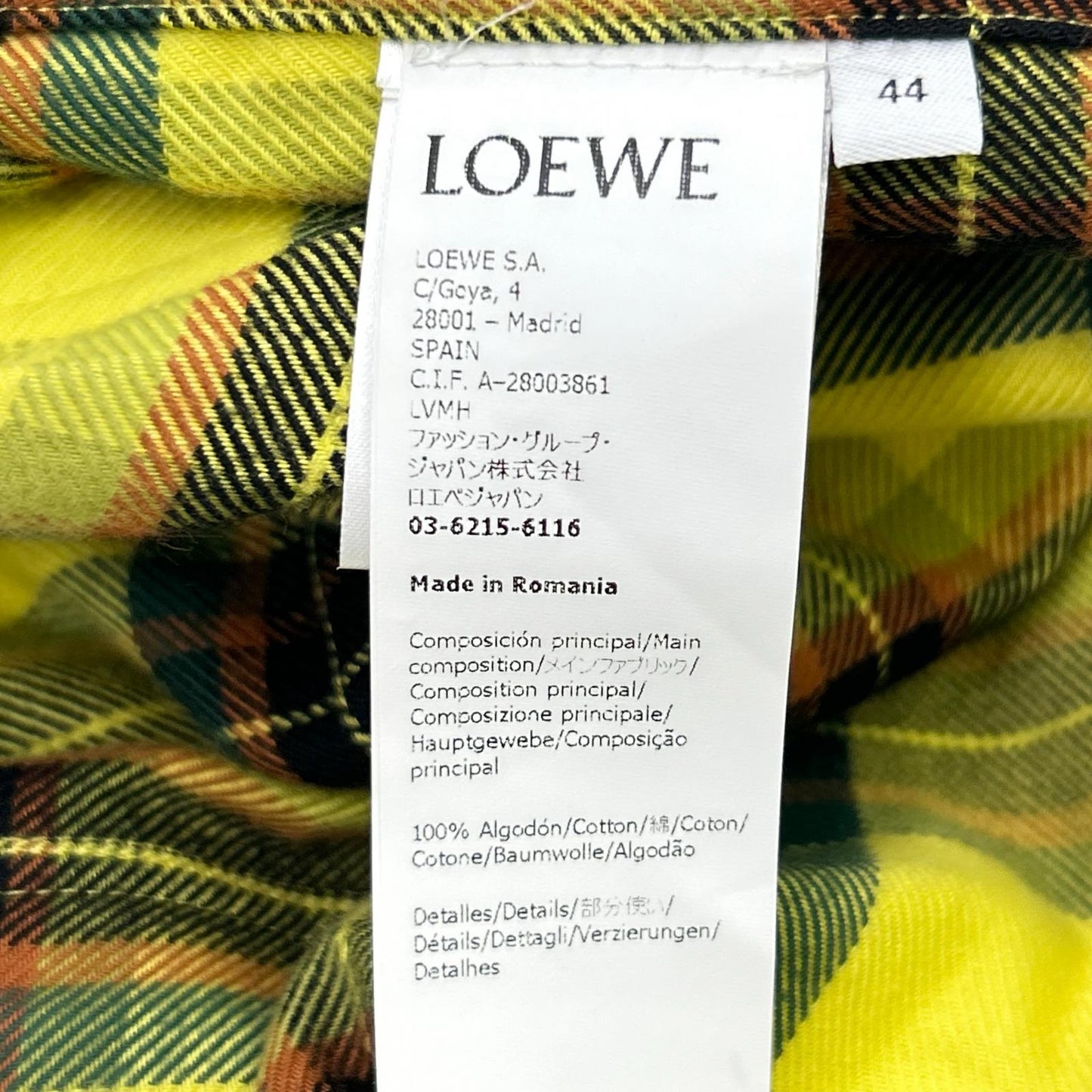 LOEWE H526Y05X07 21AW Yellow Check Oversized Shirt Top