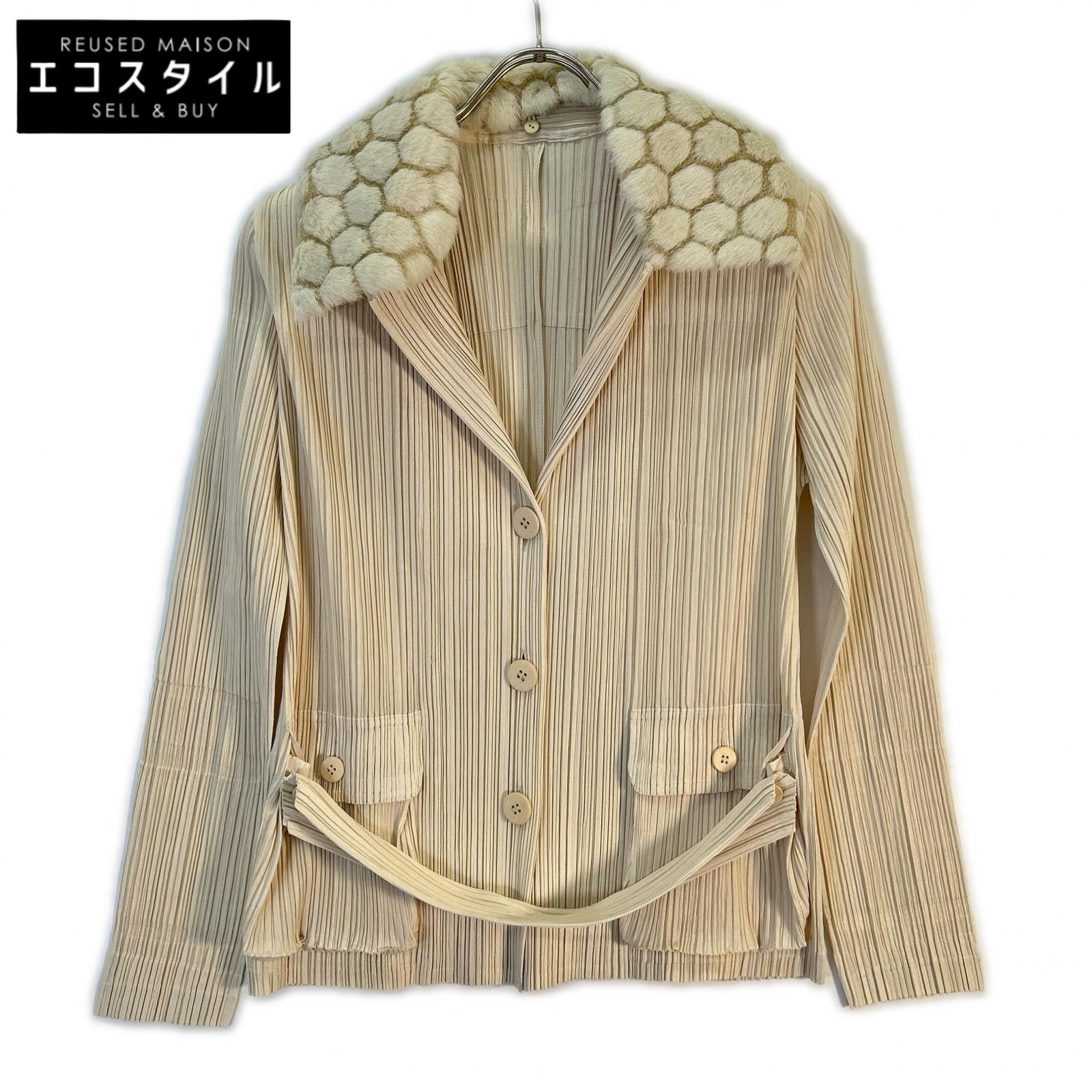 PLEATS PLEASE 三宅一生 PP53-JD411 象牙色 人造毛皮 彩色褶皱夹克 外套