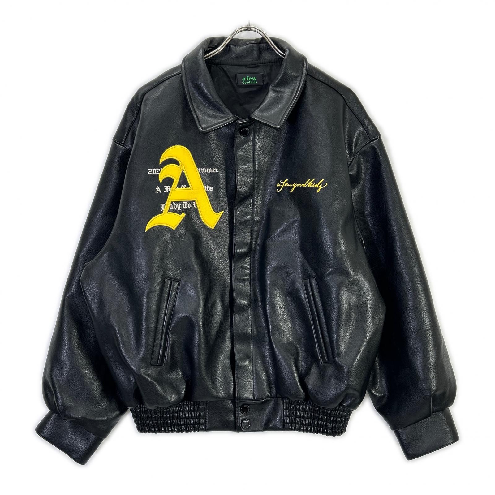 Black AFGK embroidered leather stadium jacket M men's