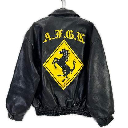 Black AFGK embroidered leather stadium jacket M men's