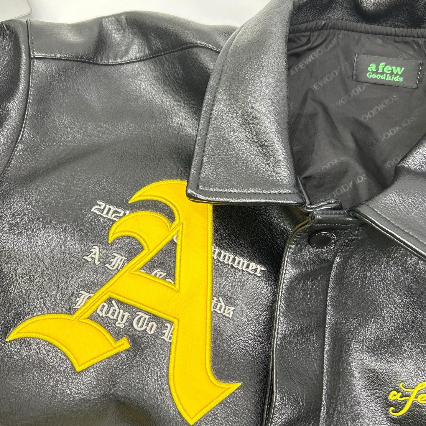 Black AFGK embroidered leather stadium jacket M men's