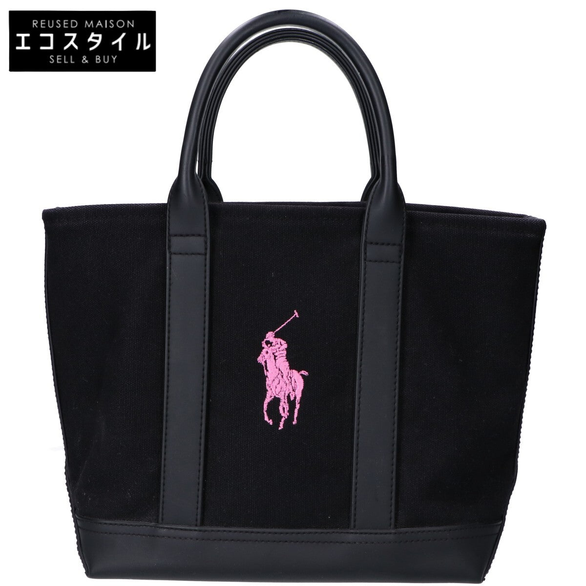 RALPHLAUREN ラルフローレン ブラック ピンクロゴ キャンバスハンドバッグ ハンドバッグ