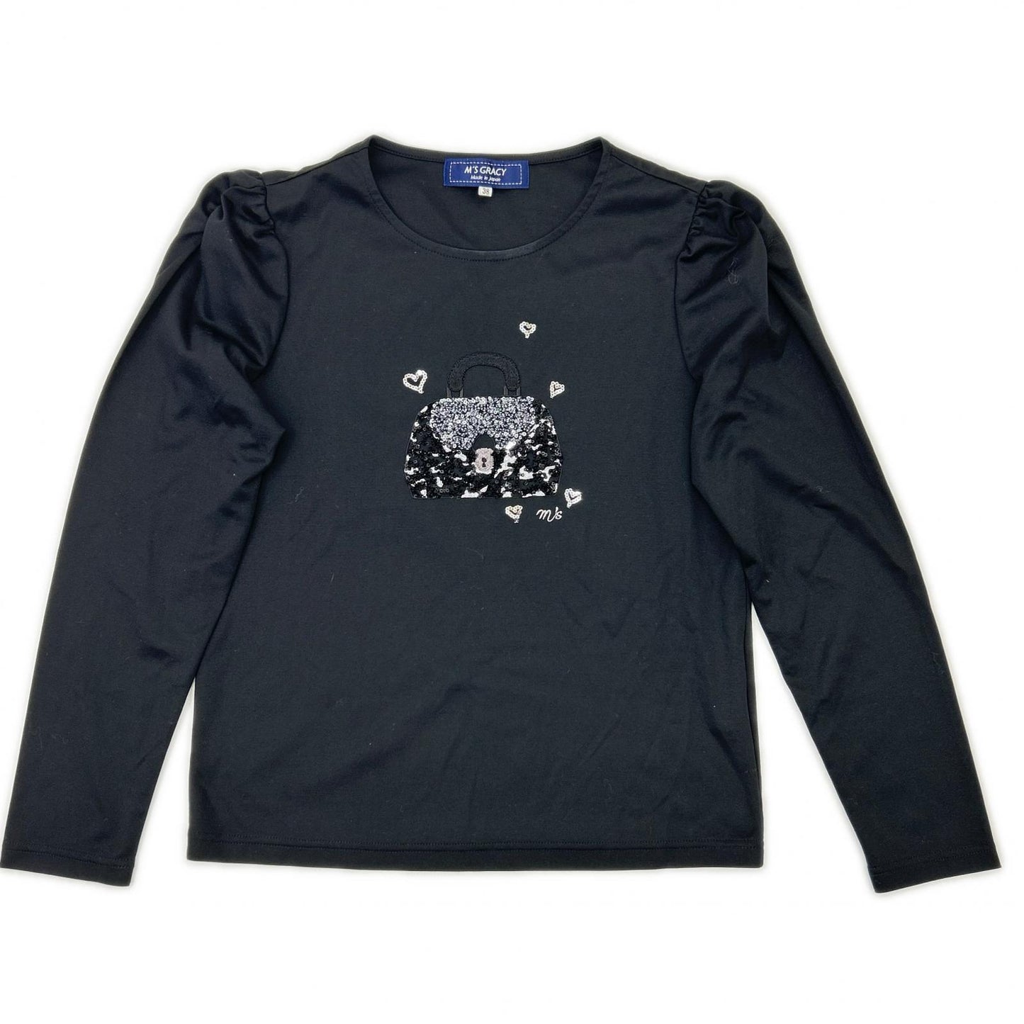 Black sequin bag motif long sleeve T-shirt top 38 Ladies