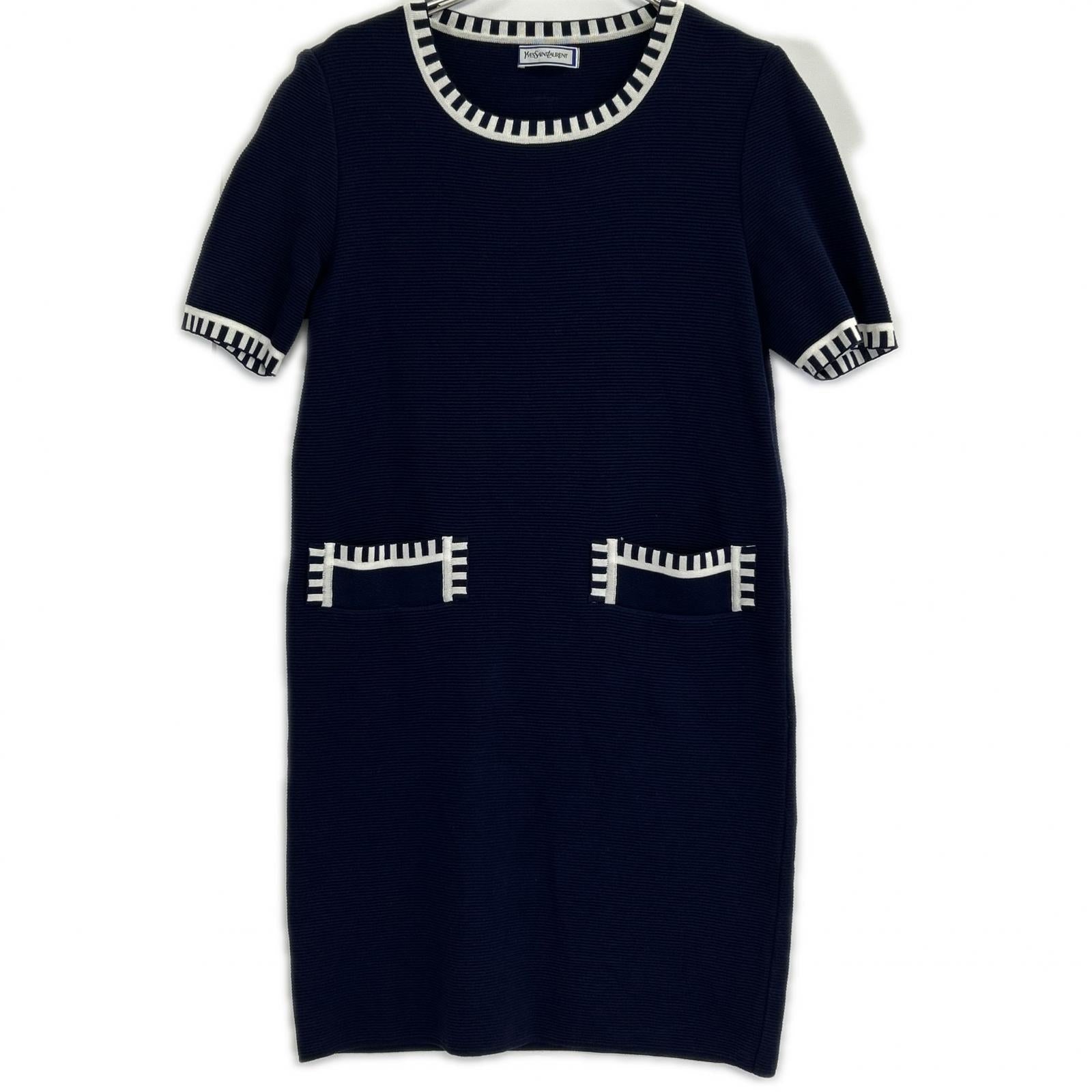 【SALE】 YvesSaintLaurent イヴサンローラン ネイビー レーヨン 半袖ワンピース ワンピース