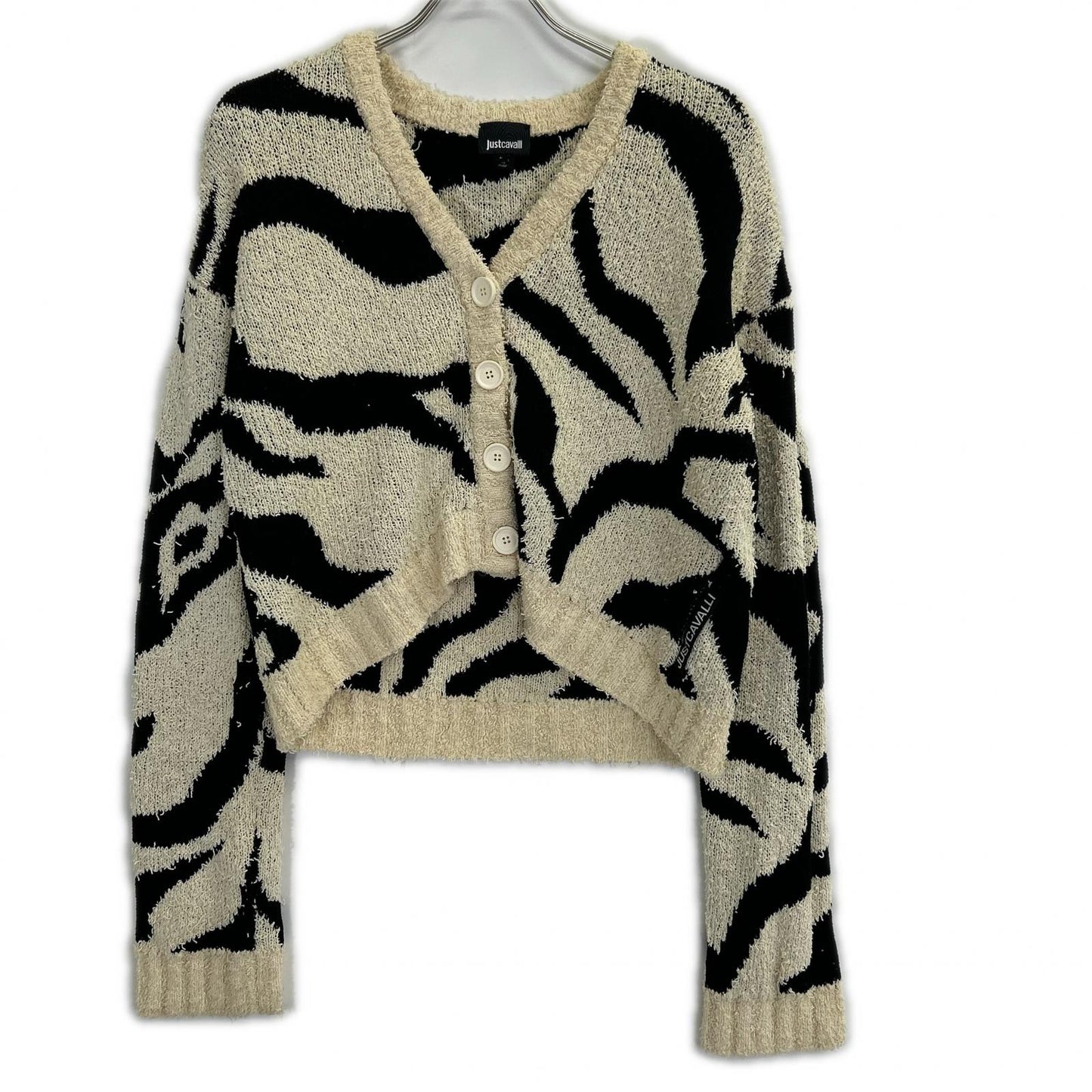 Just Cavalli ジャストカヴァリ ベージュ×ブラック コットン混 ゼブラ柄 クロップドニットカーディガン トップス