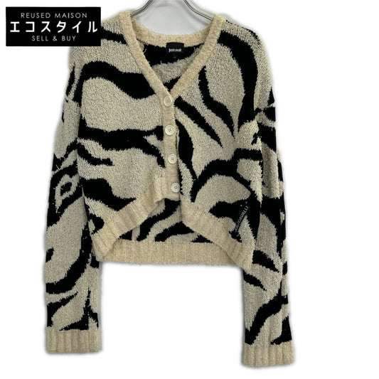 Just Cavalli ジャストカヴァリ ベージュ×ブラック コットン混 ゼブラ柄 クロップドニットカーディガン トップス