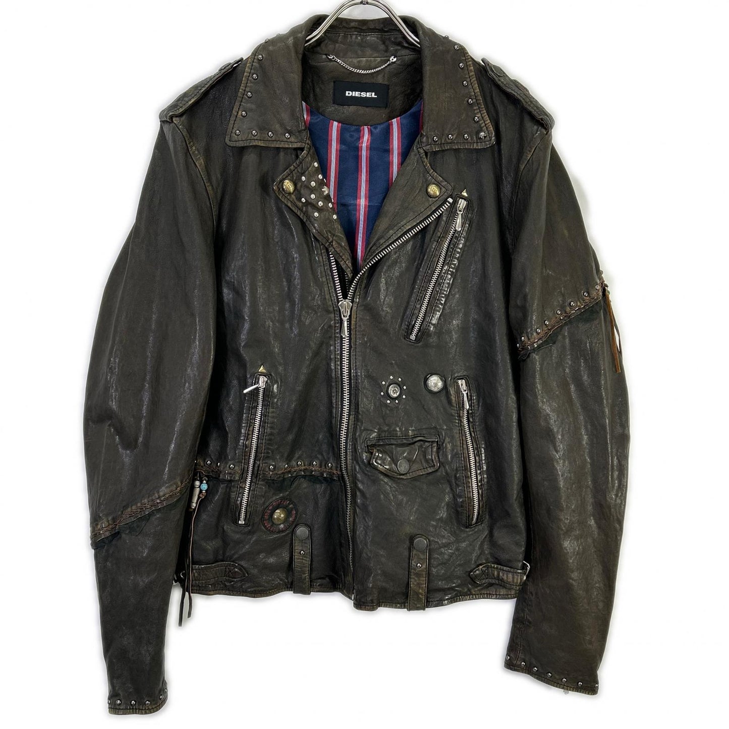 DIESEL ディーゼル ブラウン系 スタッズ USED加工 レザージャケット ジャケット