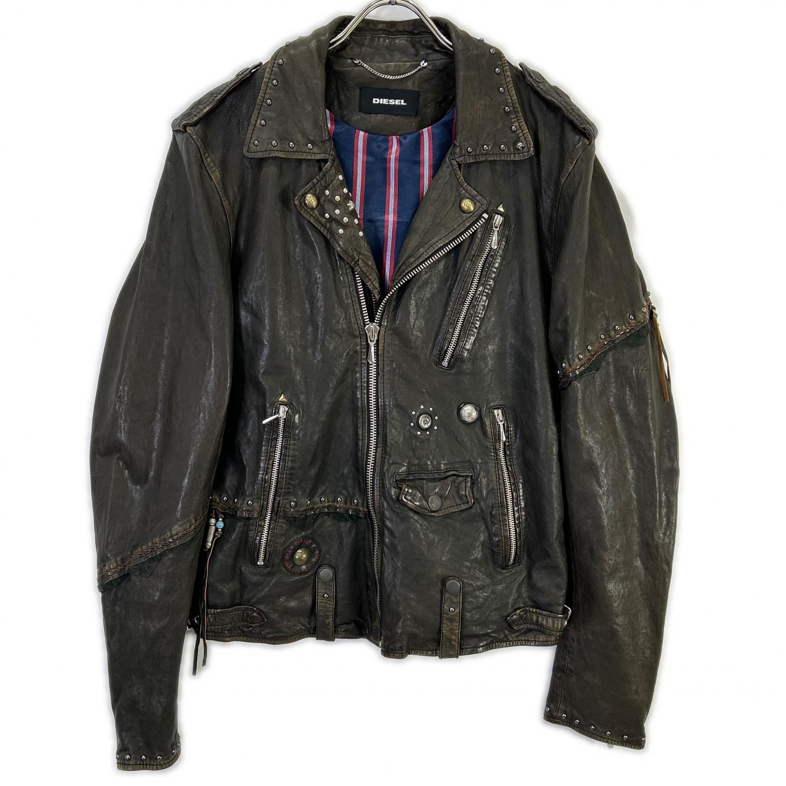 DIESEL ディーゼル ブラウン系 スタッズ USED加工 レザージャケット ジャケット