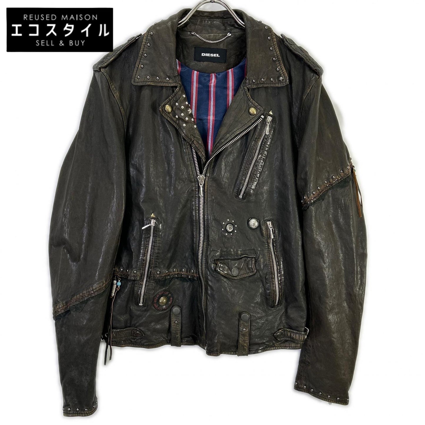 DIESEL ディーゼル ブラウン系 スタッズ USED加工 レザージャケット ジャケット