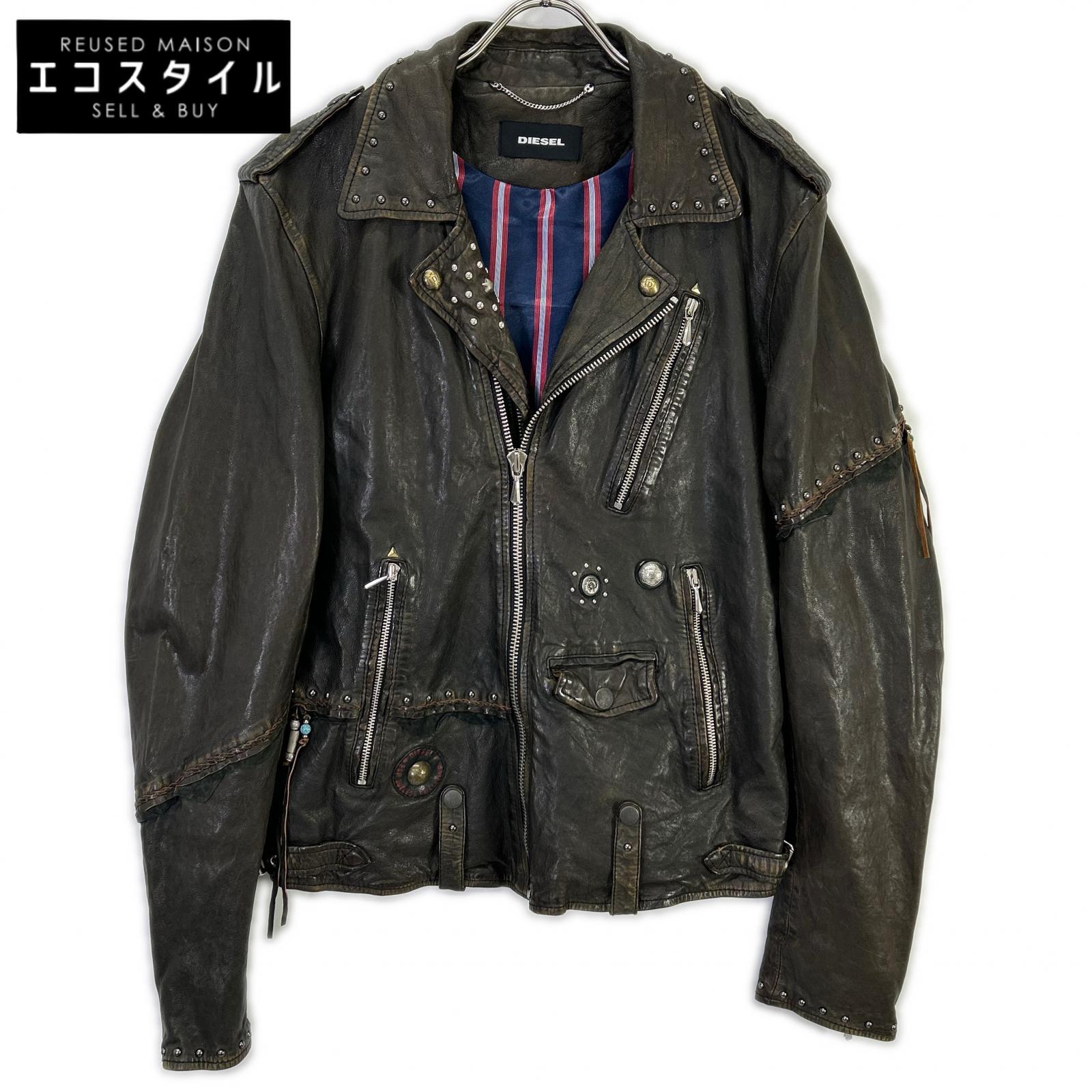 DIESEL ディーゼル ブラウン系 スタッズ USED加工 レザージャケット ジャケット