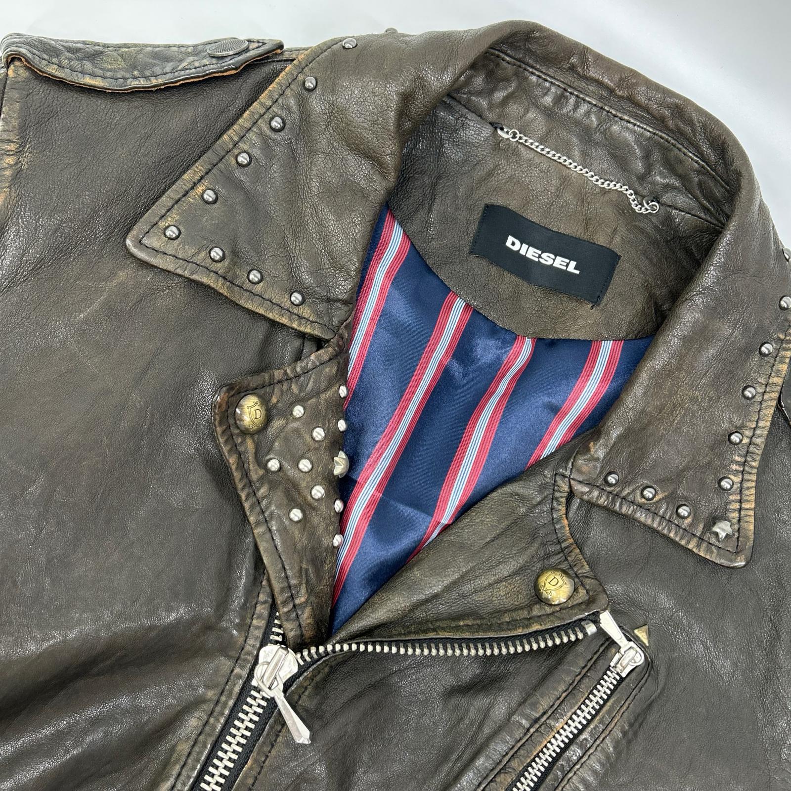 DIESEL ディーゼル ブラウン系 スタッズ USED加工 レザージャケット ジャケット
