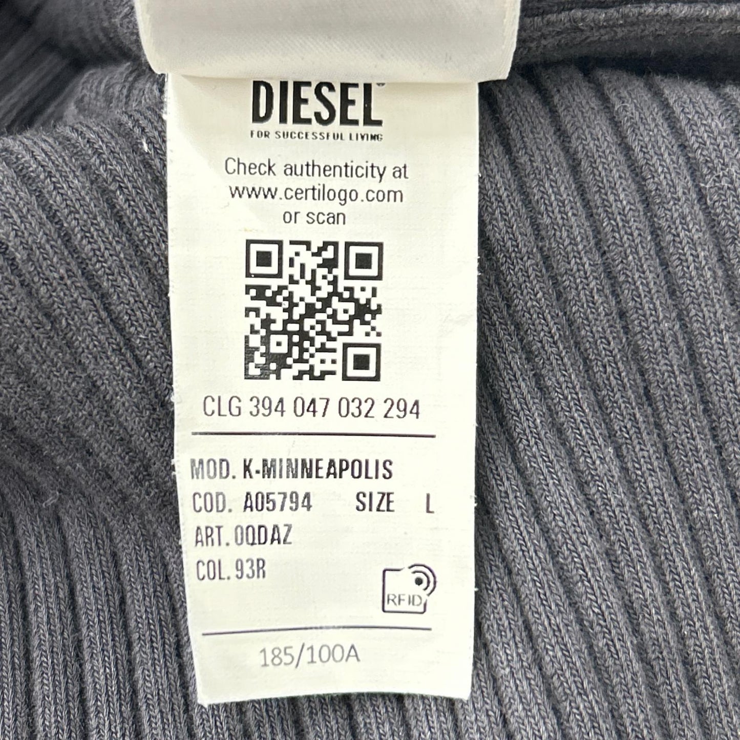 DIESEL ディーゼル チャコールグレー センタージップ リブニットトップス トップス