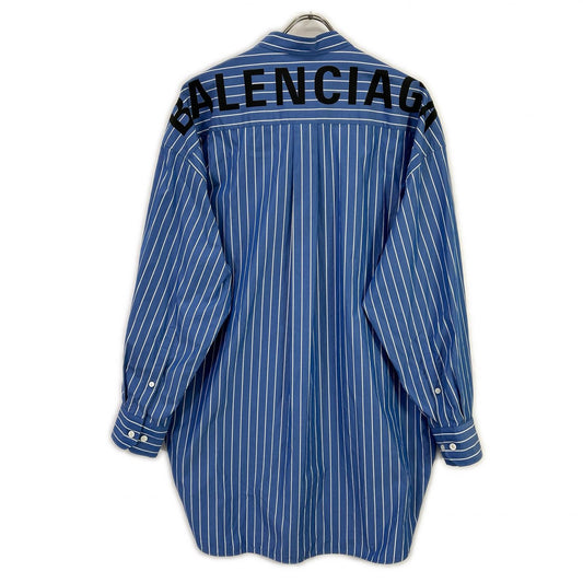 BALENCIAGA バレンシアガ 18年製 ブルー バックロゴ オーバーサイズストライプシャツ トップス