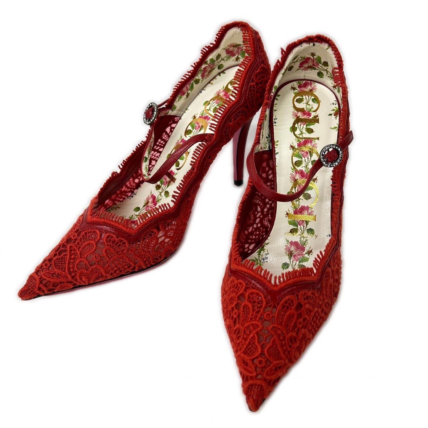 GUCCI グッチ 【新品同様】レース アンクルストラップ ポインテッドトゥ ヒール パンプス シューズ