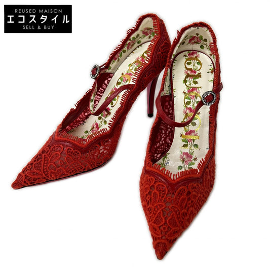 GUCCI グッチ 【新品同様】レース アンクルストラップ ポインテッドトゥ ヒール パンプス シューズ