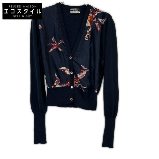 SalvatoreFerragamo サルバトーレフェラガモ ネイビー コットン×シルク 花柄カーディガン トップス