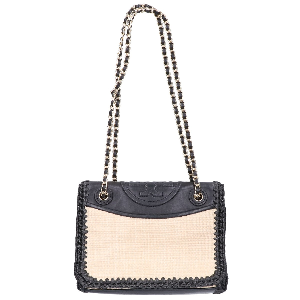 Tory Burch トリーバーチ レザーｘラフィア チェーンショルダー ハンドバッグ