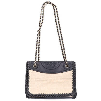 Tory Burch トリーバーチ レザーｘラフィア チェーンショルダー ハンドバッグ