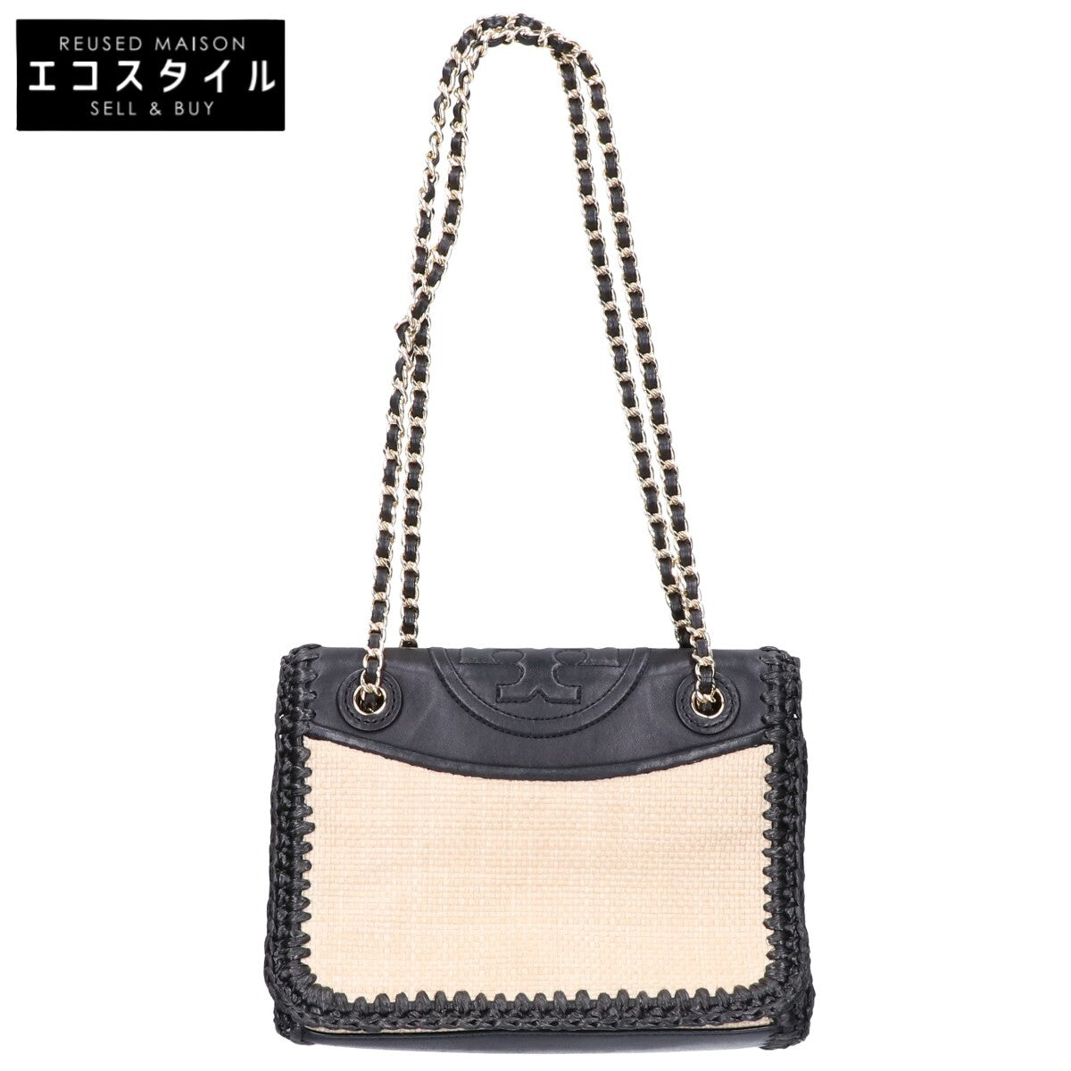 Tory Burch トリーバーチ レザーｘラフィア チェーンショルダー ハンドバッグ