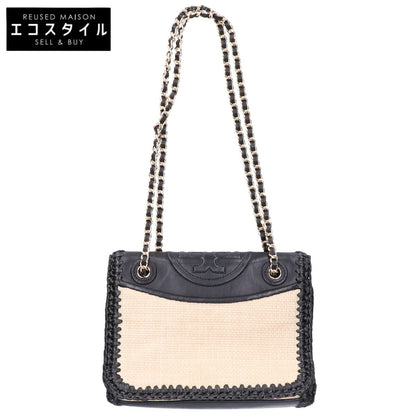 Tory Burch トリーバーチ レザーｘラフィア チェーンショルダー ハンドバッグ