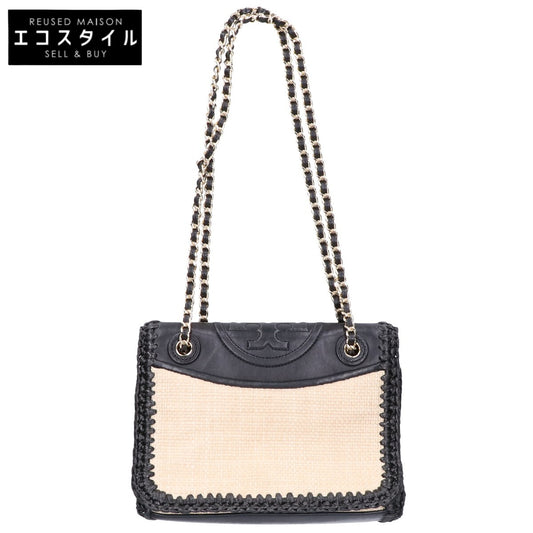 Tory Burch トリーバーチ レザーｘラフィア チェーンショルダー ハンドバッグ