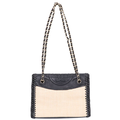 Tory Burch トリーバーチ レザーｘラフィア チェーンショルダー ハンドバッグ