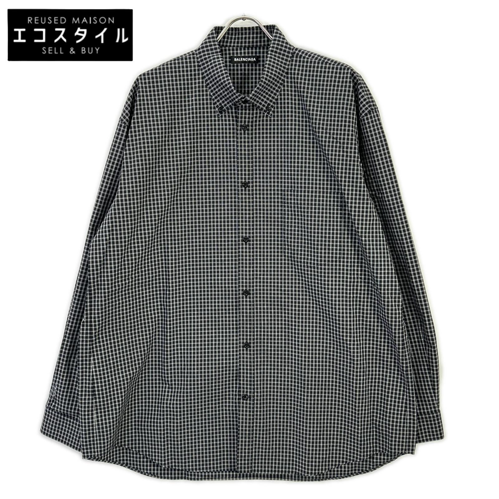 BALENCIAGA バレンシアガ 5556878 18SS ブラック バックロゴプリント チェック 長袖シャツ トップス
