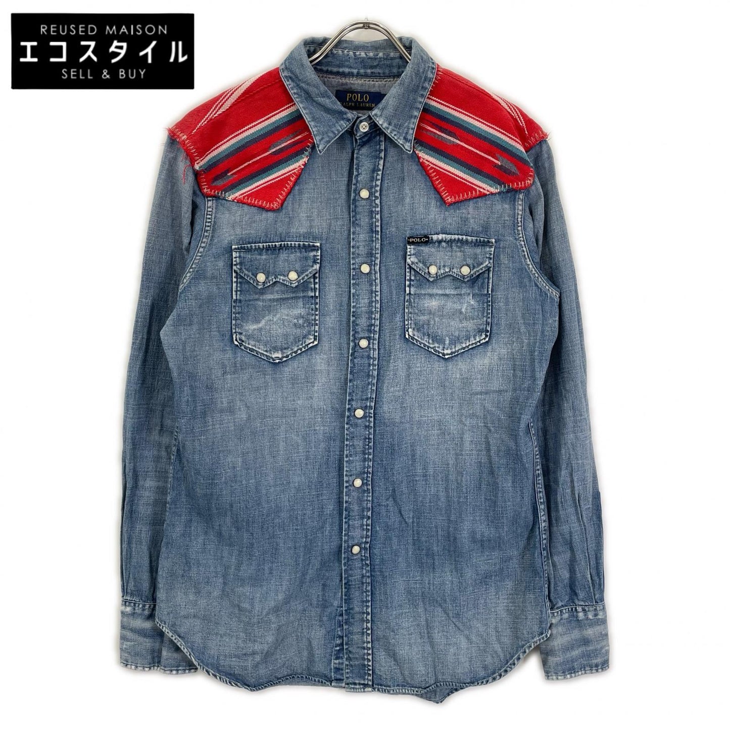 POLObyRalphLauren ポロラルフローレン ブルー×レッド ネイティブ柄 ヨーク付きデニム ウエスタンシャツ トップス