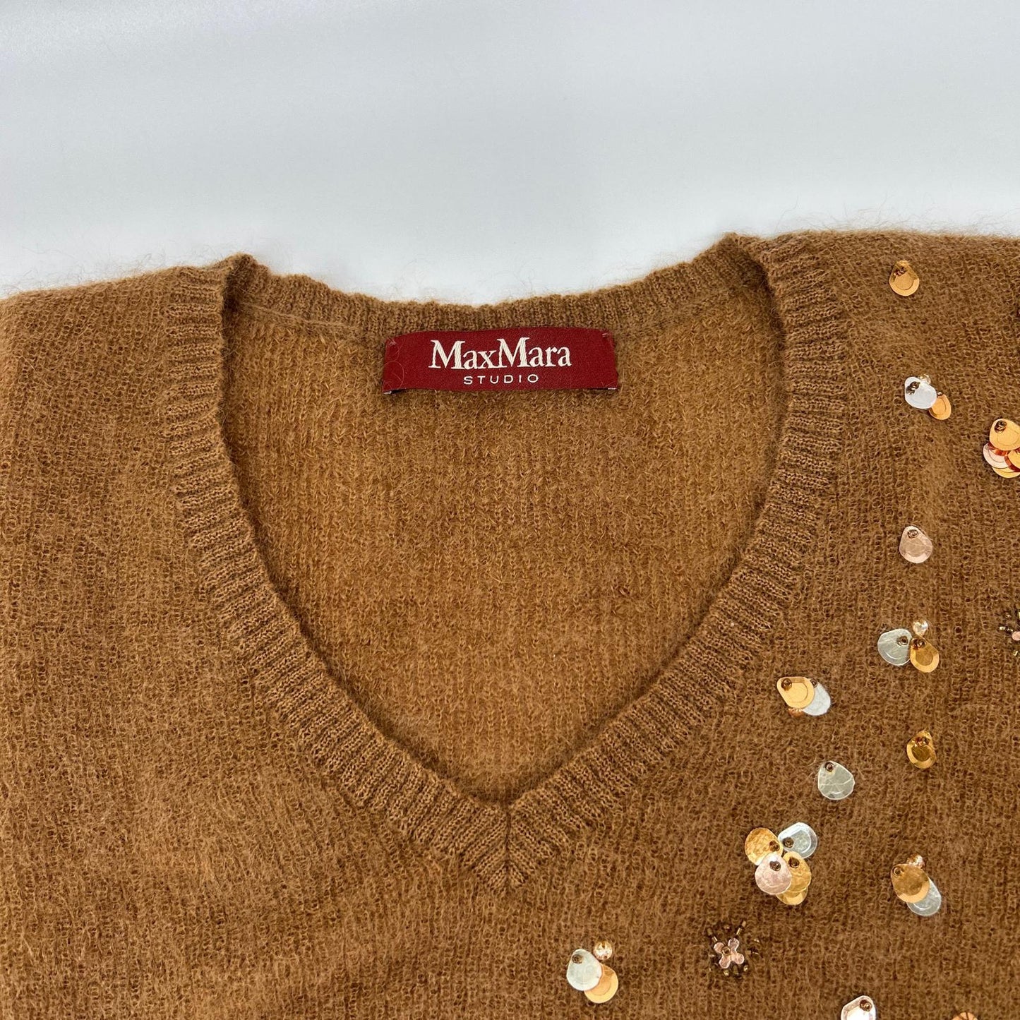 MAXMARA STUDIO マックスマーラスタジオ 63660729 6 75 ブラウン スパンコール モヘア Vネック 半袖ニット トップス