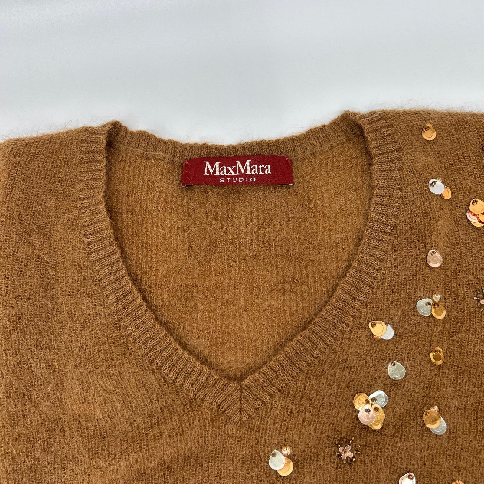 MAXMARA STUDIO マックスマーラスタジオ 63660729 6 75 ブラウン スパンコール モヘア Vネック 半袖ニット トップス