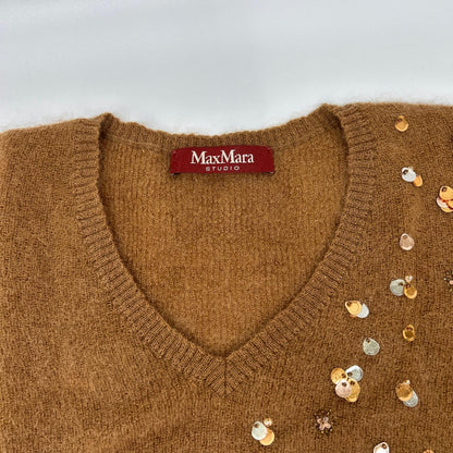 MAXMARA STUDIO マックスマーラスタジオ 63660729 6 75 ブラウン スパンコール モヘア Vネック 半袖ニット トップス