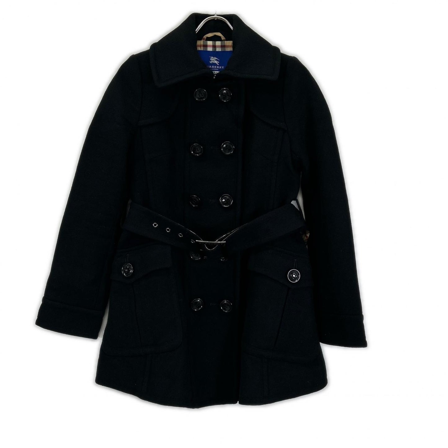 Burberry Blue Label バーバリーブルーレーベル ブラック ウール×アンゴラ ノバチェック ダブルボタン Aラインコート コート