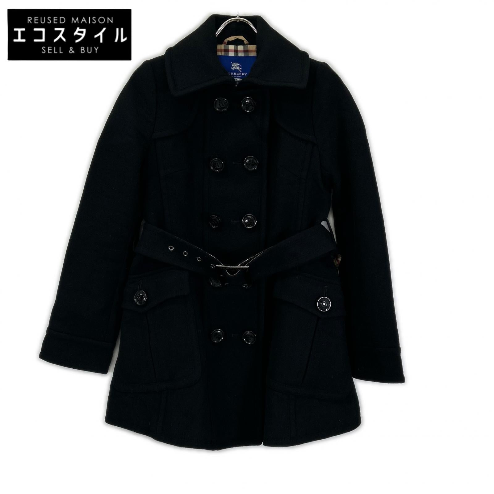 Burberry Blue Label バーバリーブルーレーベル ブラック ウール×アンゴラ ノバチェック ダブルボタン Aラインコート コート
