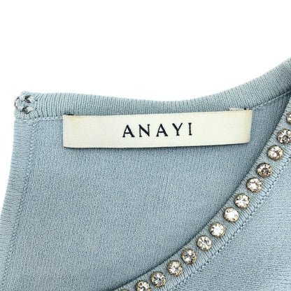 ANAYI アナイ ライトブルー レーヨン ストレッチ ビジューネック プルオーバー トップス