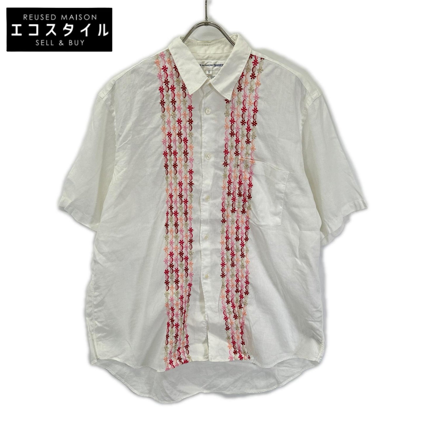 COMMEdesGARCONS SHIRT コムデギャルソンシャツ S10056 ホワイト リネン ピンク刺繍デザイン 半袖シャツ トップス