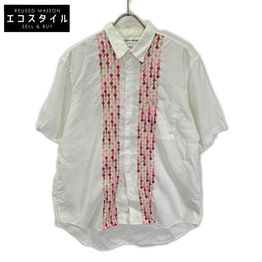 COMMEdesGARCONS SHIRT コムデギャルソンシャツ S10056 ホワイト リネン ピンク刺繍デザイン 半袖シャツ トップス